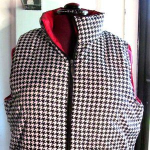 White and Black Houndstooth Patterned Puffy Vest with Red Lining.